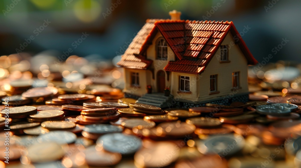 In a conceptual scene, a small house replica rests on a pile of coins, representing a strategic approach to savings and investment in real estate. The composition includes enough empty space for In a conceptual scene, a small house replica rests on a pile of coins, representing a strategic approach to savings and investment in real estate. The composition includes enough empty space for