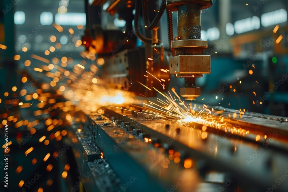 Close-up of industrial machinery cutting metal with sparks flying, showcasing precision engineering and modern manufacturing processes. Close-up of industrial machinery cutting metal with sparks flying, showcasing precision engineering and modern manufacturing processes.