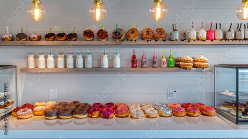 A tempting donut wall featuring an assortment of gourmet flavors like salted caramel, matcha photo