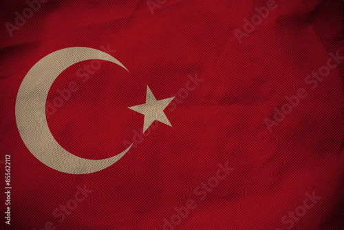 Turkey nation flag on crumpled fabric background , country flag