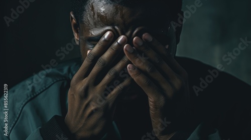 A person hiding their face with their hands, possibly due to embarrassment or shame photo