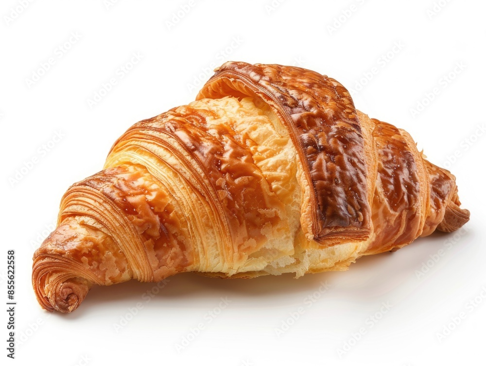 A close-up shot of a flaky croissant on a clean white surface