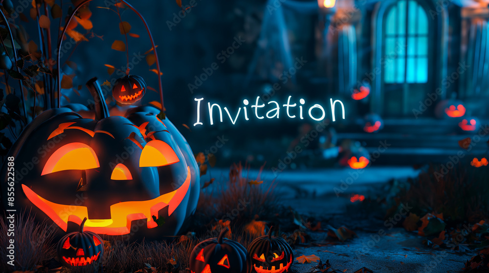 Invitation in a spooky garden with lit jack-o'-lanterns for Halloween. Invitation in a spooky garden with lit jack-o'-lanterns for Halloween.
