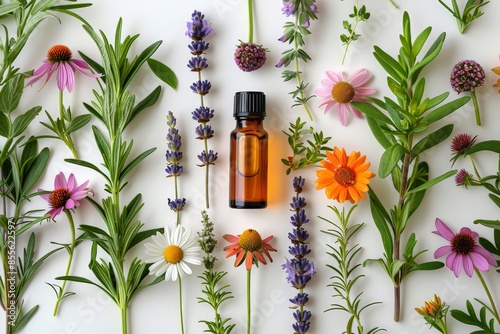 Essential Oil Bottle Surrounded by Freshly Picked Colorful Wildflowers and Medicinal Herbs on White Background for Natural Wellness and Healing ConceptEssential oil photo