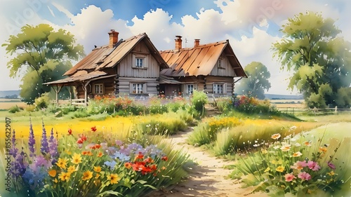 Summer landscape of the Polish countryside, an old wooden house surrounded by fields, meadows and flowers, idyllic view, oil painting.