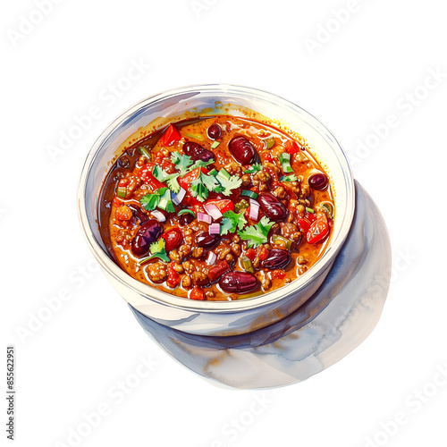 Watercolor illustration of chili con carne on white background