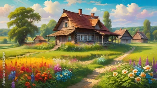 Summer landscape of the Polish countryside, an old wooden house surrounded by fields, meadows and flowers, idyllic view, oil painting.