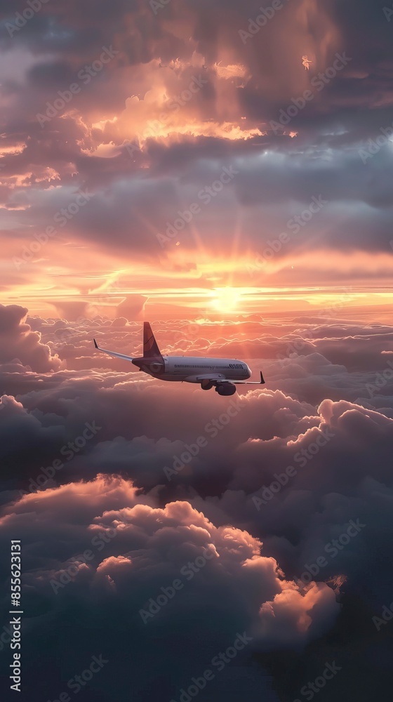 Commercial airplane flying above dramatic clouds during sunset.
Commercial airplane flying above dramatic clouds during sunset.