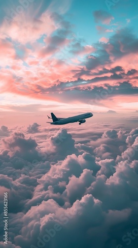 Commercial airplane flying above dramatic clouds during sunset.