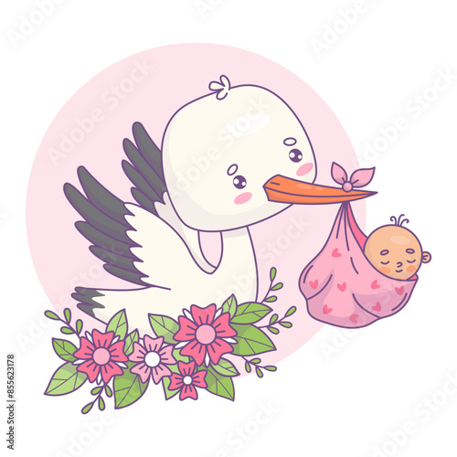 Cute stork with flowers with newborn baby girl. Vector illustration. Funny Cartoon bird kawaii character and infant. Cool childish birthday. Kids collection