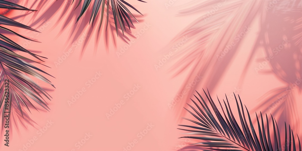 Fototapeta premium Tropical palm leaf on a pink background. Flat lay, top view trendy wallpaper banner with copyspace