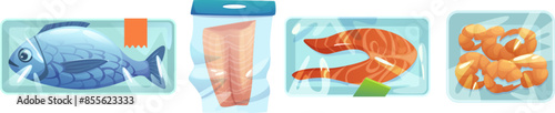 Frozen seafood on plastic tray packed with polyethylene transparent wrap for storage in freezer or refrigerator. Cartoon vector whole fish, steak and fillet, shrimps in sealer clingfilm container.