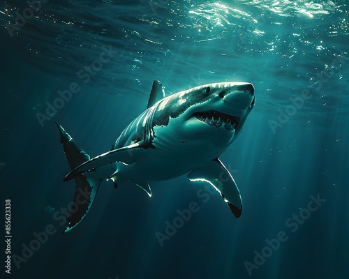 Powerful Great White Shark Cruising Through the Depths of the Ocean with Dramatic Lighting