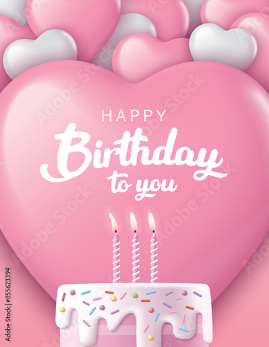 Happy Birthday celebration typography design with 3d birthday cake for greeting card, poster or banner. Vector illustration