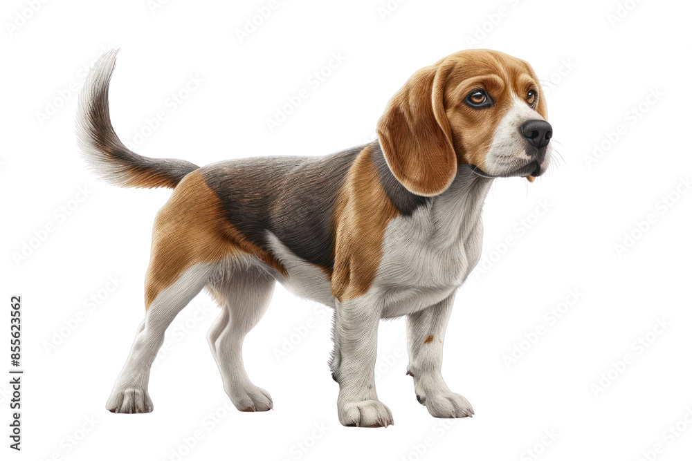 Adorable beagle puppy standing on white background. Cute young dog with brown, black, and white fur. Isolated pet photograph. Adorable beagle puppy standing on white background. Cute young dog with brown, black, and white fur. Isolated pet photograph.