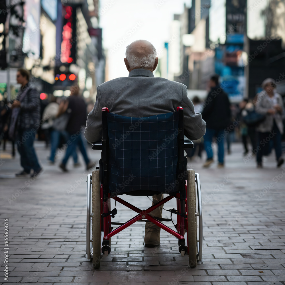 Obraz premium Lonely figure: Elderly man waering a gray jacket, on a busy city street, a gray-haired man, gazing at the street
