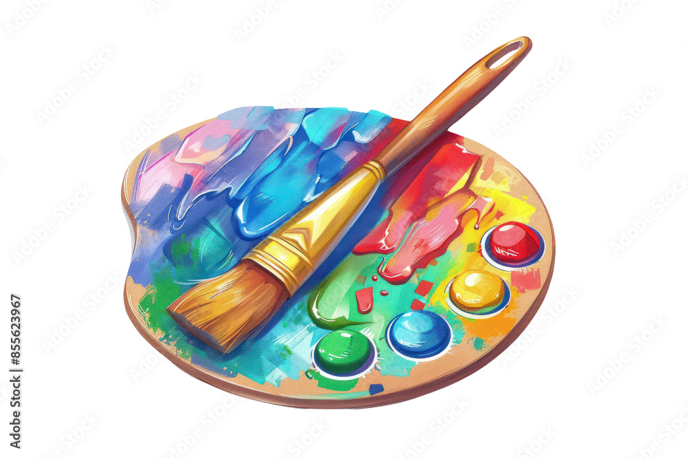 Naklejka premium Colorful paint palette and brush artwork, perfect for creative projects, illustrating artist supplies in vibrant hues.