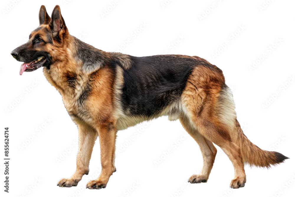 Side view of a majestic German Shepherd standing attentively with a graceful posture, showcasing its loyal and intelligent nature. Side view of a majestic German Shepherd standing attentively with a graceful posture, showcasing its loyal and intelligent nature.