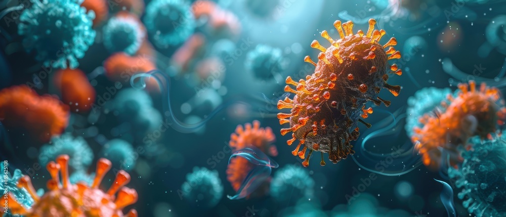 Naklejka premium Illustration of nanotechnology mechanisms fighting antibiotic-resistant bacteria, highlighting the innovative approach to healthcare