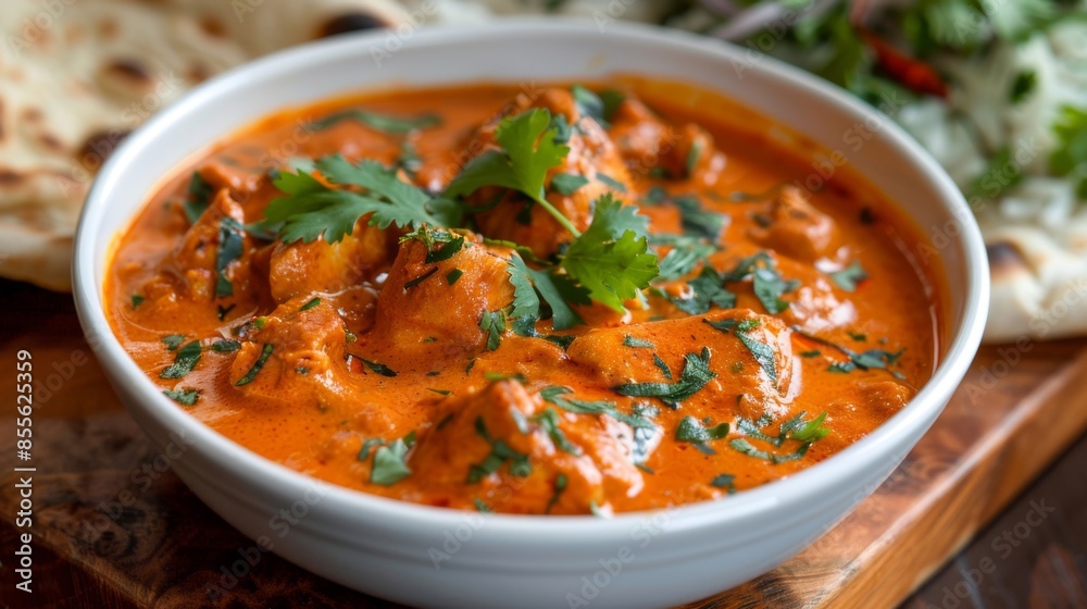 A bowl of creamy butter chicken curry garnished with cilantro leaves and served with garlic naan A bowl of creamy butter chicken curry garnished with cilantro leaves and served with garlic naan