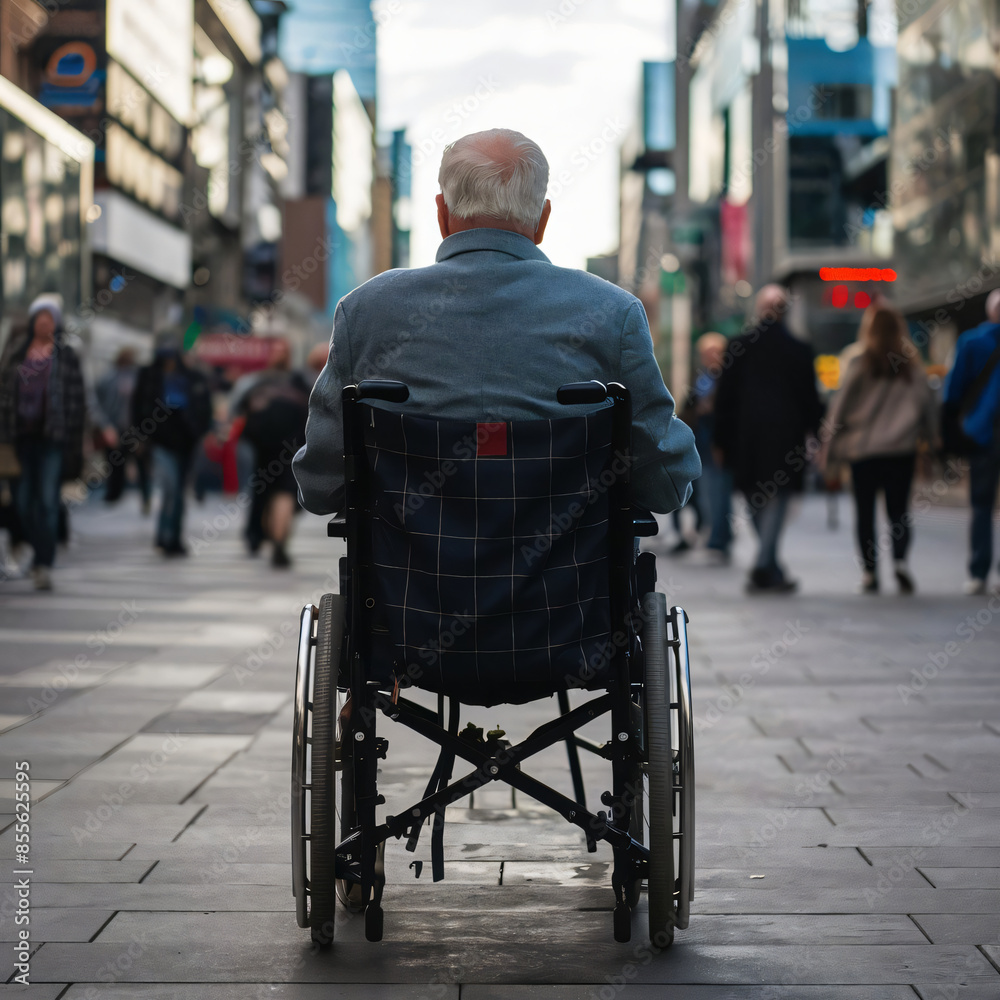 Obraz premium Lonely figure: Elderly man with white hair, wearing blue jacket in wheelchair, back to viewer, gazes at bustling city life