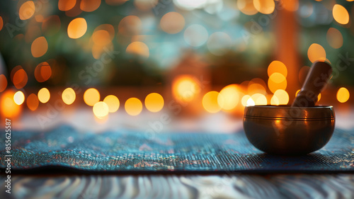 singing bowl and wooden mugurata stick on a blue yoga mat, with a blurred background