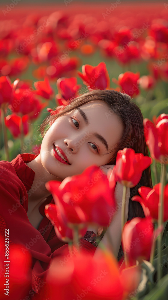 Enchanted Floral Portrait in Blooming Tulip Field Captures Serene Beauty and Tranquility of Springtime Nature with Vibrant Red Blossoms and Peaceful Contemplation in Natural Landscape