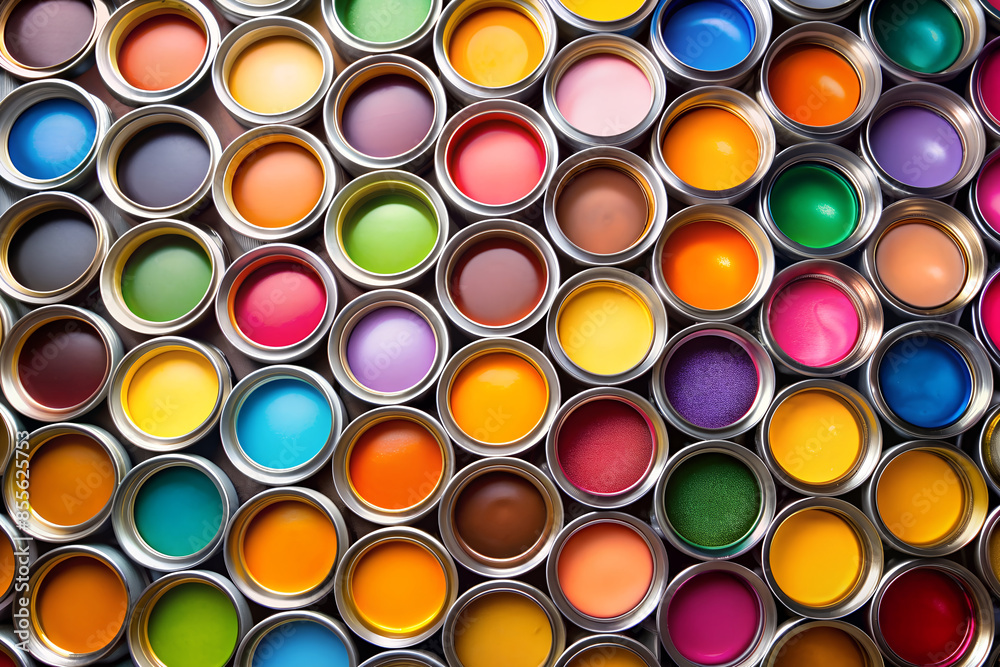 Top view of vibrant multicolored paint cans in a neat grid. Colorful paint display Top view of vibrant multicolored paint cans in a neat grid. Colorful paint display
