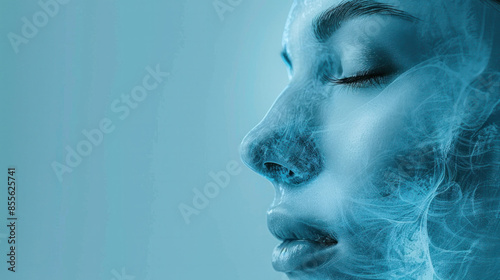 A woman's face is shown in a blue and white color scheme. The image has a futuristic and artistic feel to it, with the woman's face appearing to be made of smoke or vapor © BOW_NAPASORN