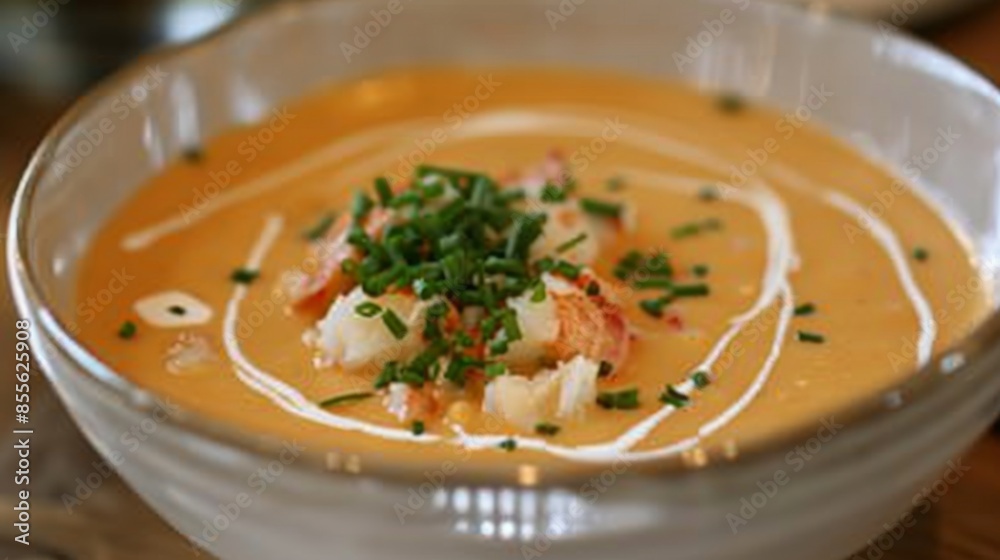 A bowl of creamy lobster bisque soup garnished with chopped chives and a drizzle of cream A bowl of creamy lobster bisque soup garnished with chopped chives and a drizzle of cream