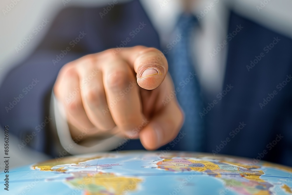 Close up of a finger pointing at a map on a globe Close up of a finger pointing at a map on a globe