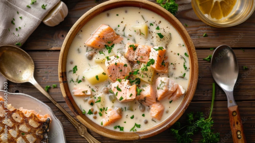 A bowl of creamy seafood chowder with chunks of salmon, cod, and potatoes, topped with parsley A bowl of creamy seafood chowder with chunks of salmon, cod, and potatoes, topped with parsley
