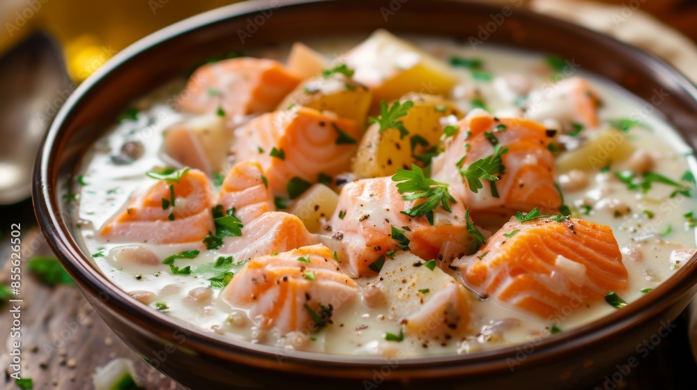 A bowl of creamy seafood chowder with chunks of salmon, cod, and potatoes, topped with parsley A bowl of creamy seafood chowder with chunks of salmon, cod, and potatoes, topped with parsley