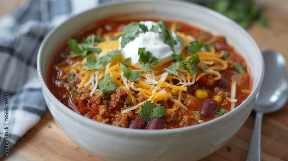 A bowl of hearty vegetable chili topped with sour cream, shredded cheese, and chopped cilantro A bowl of hearty vegetable chili topped with sour cream, shredded cheese, and chopped cilantro