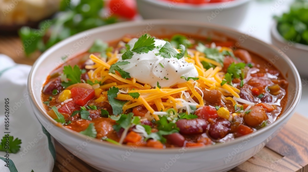 A bowl of hearty vegetable chili topped with sour cream, shredded cheese, and chopped cilantro