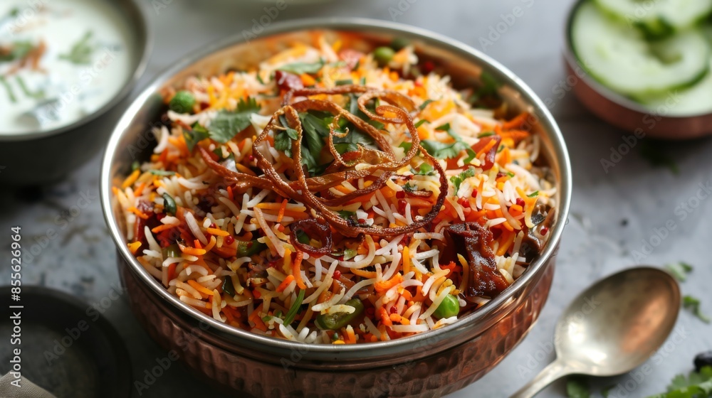 A bowl of spicy vegetable biryani garnished with fried onions and served with cucumber raita A bowl of spicy vegetable biryani garnished with fried onions and served with cucumber raita