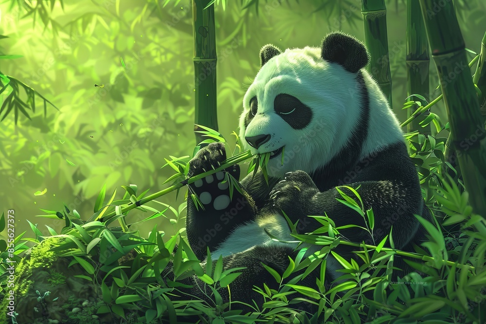 Obraz premium Cute giant panda sitting and eating bamboo in a lush bamboo forest, soft fur. The concept of the national symbol of China, representing sincerity, friendliness, tolerance and kindness. 