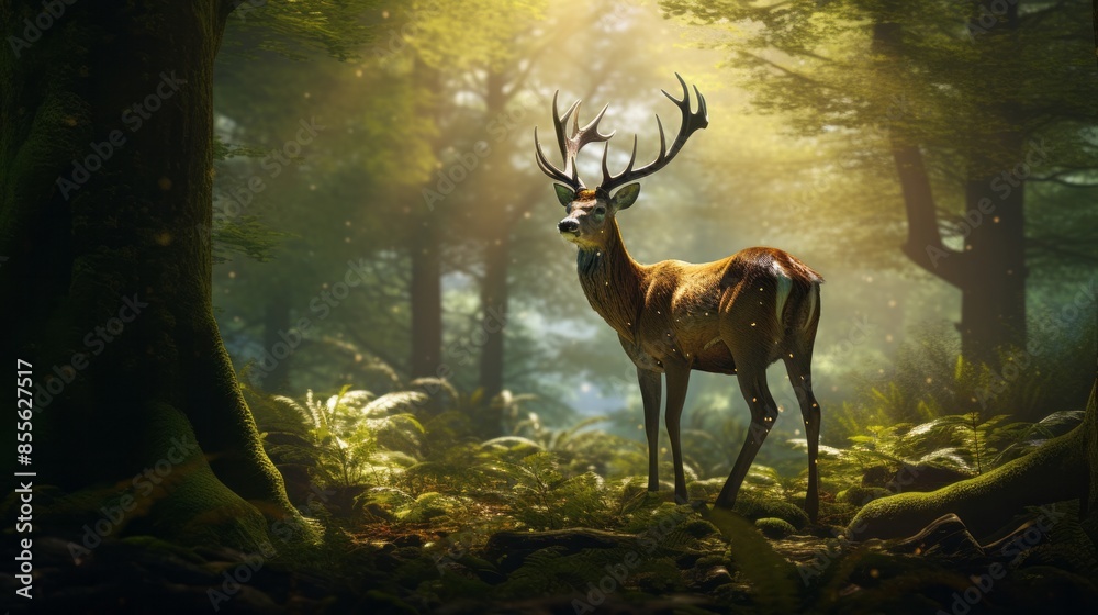 Graceful deer standing in a lush green forest, sunlight filtering through the trees, detailed fur and antlers.
Graceful deer standing in a lush green forest, sunlight filtering through the trees, detailed fur and antlers.