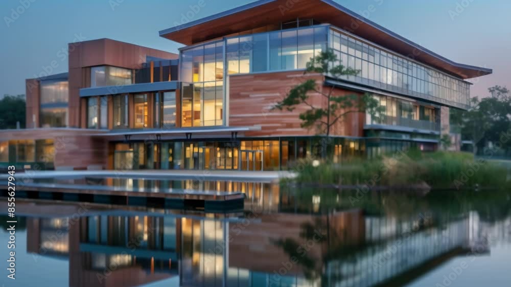 Modern lakeside house with large windows reflecting on the water at sunset. The architecture features clean lines and warm lighting, set against a colorful evening sky. Modern lakeside house with large windows reflecting on the water at sunset. The architecture features clean lines and warm lighting, set against a colorful evening sky.
