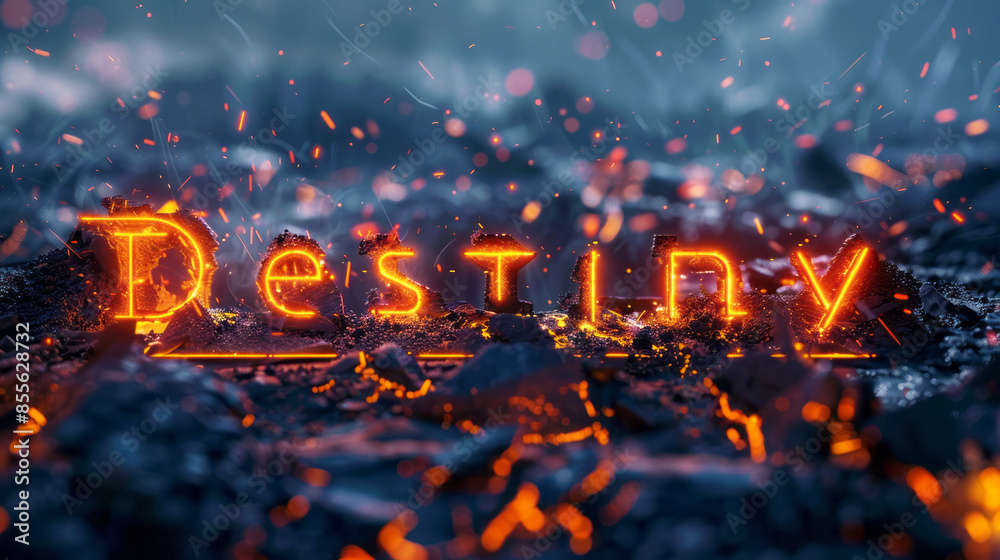 Illuminated inscription “Destiny” on dark background. Concept of destiny as a set of events and circumstances that are predetermined and influence the life of a person or a people.
