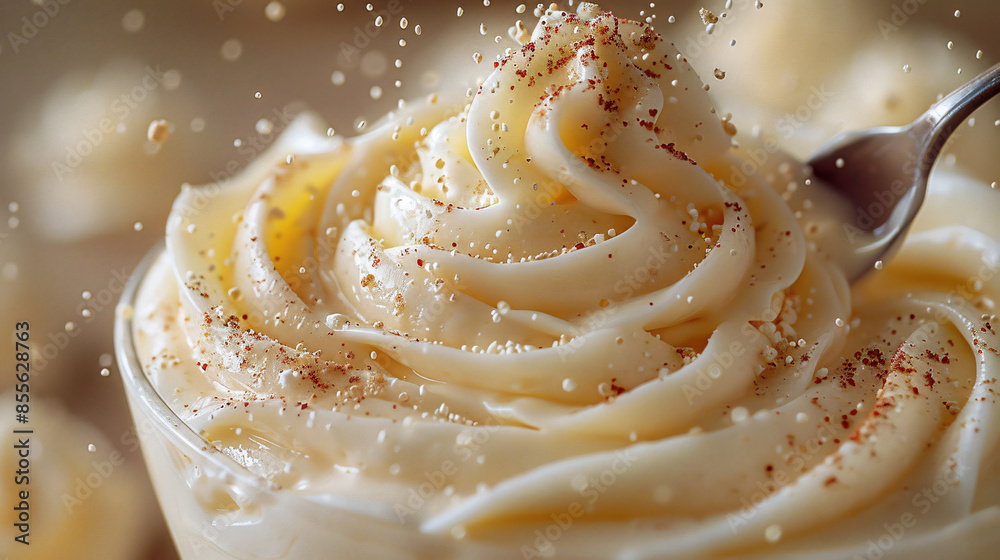A close-up of a spoon dipping into a glass of yogurt, revealing a swirl of creamy texture with a sprinkle of probiotic powder on top. A close-up of a spoon dipping into a glass of yogurt, revealing a swirl of creamy texture with a sprinkle of probiotic powder on top.