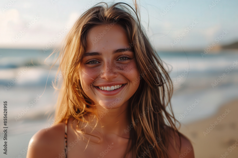 Beach Sunset Happiness: Smiling Woman at the Shore Beach Sunset Happiness: Smiling Woman at the Shore