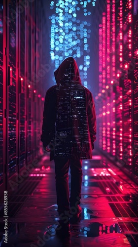Solitary Hacker Tracing Digital Trail of Notorious Cyber-criminal in Neon-lit Server Farm