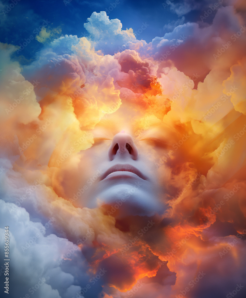 A single, disembodied person's head with a peaceful expression floats above swirling clouds of vibrant colors, representing the complexities of mental health. A single, disembodied person's head with a peaceful expression floats above swirling clouds of vibrant colors, representing the complexities of mental health.