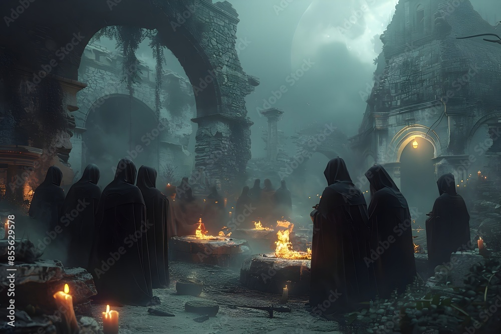 Ritual Sacrifice for Dark Pact - Cloaked Cultists Surround Agonized Victim in Flickering Firelight and Smoky Haze Ritual Sacrifice for Dark Pact - Cloaked Cultists Surround Agonized Victim in Flickering Firelight and Smoky Haze