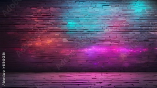 Artificial intelligence (AI) created, generative AI, modern futuristic neon lights on vintage grunge brick wall background art, background wallpaper stone photo