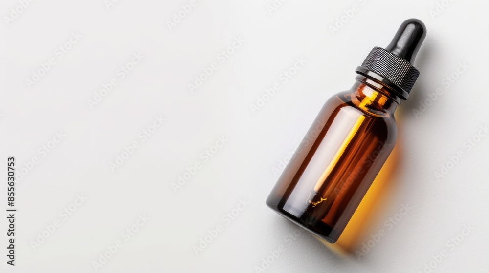 Glass bottle containing beauty oil dropper for skin and hair on white background with space for text Glass bottle containing beauty oil dropper for skin and hair on white background with space for text