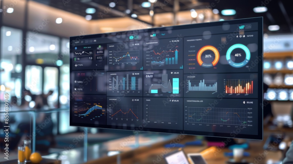 A digital dashboard with interactive graphs showing key performance indicators (KPIs) for a retail chain A digital dashboard with interactive graphs showing key performance indicators (KPIs) for a retail chain