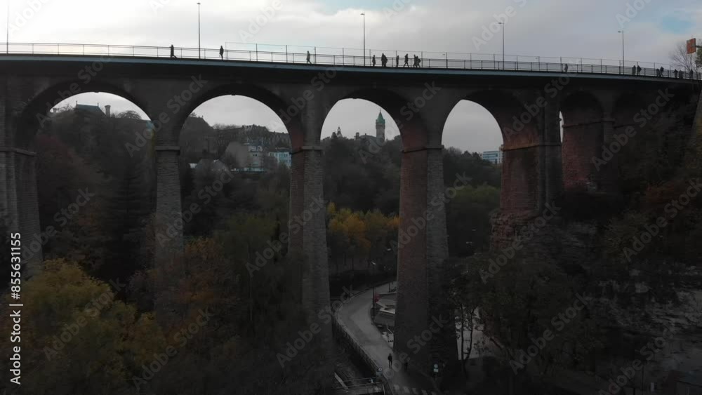 Aerial video of an urban scene over Luxembourg City, Luxembourg