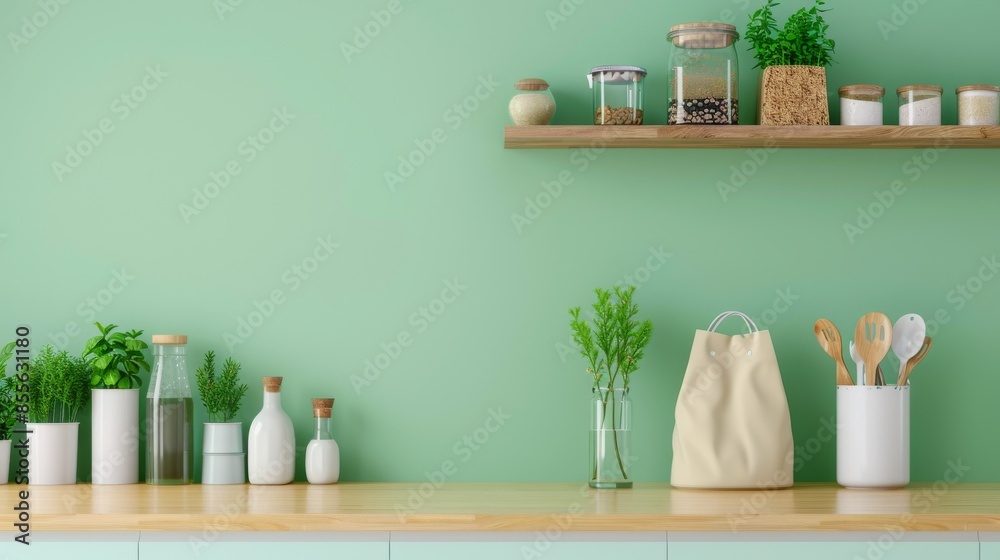 A modern kitchen filled with groceries stored in eco-friendly packaging. A modern kitchen filled with groceries stored in eco-friendly packaging.